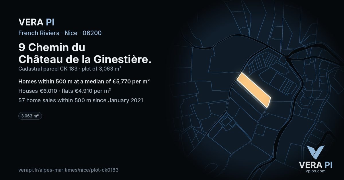 9 Chemin du Château de la Ginestière, Nice at night – the plot lit, the parcels around coloured by the prices near them
