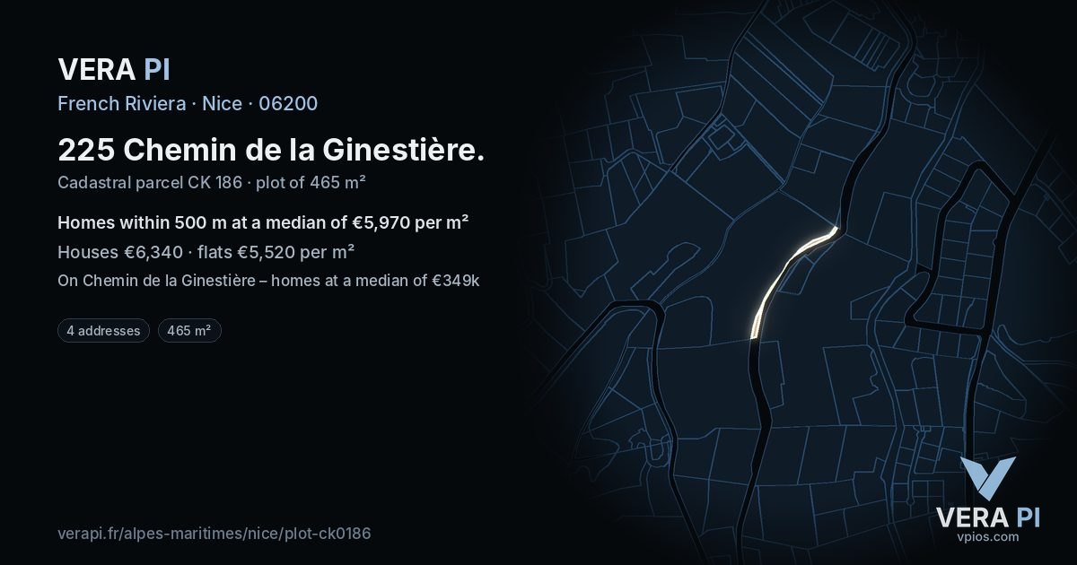 225 Chemin de la Ginestière, Nice at night – the plot lit, the parcels around coloured by the prices near them