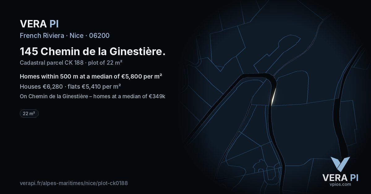 145 Chemin de la Ginestière, Nice at night – the plot lit, the parcels around coloured by the prices near them
