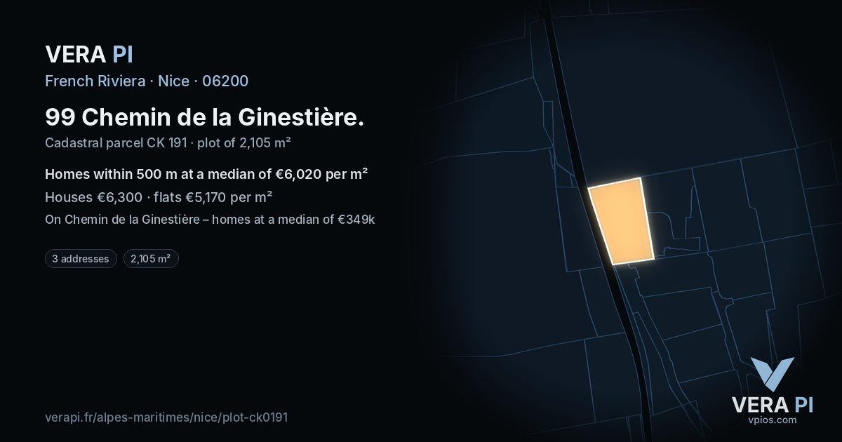 99 Chemin de la Ginestière, Nice at night – the plot lit, the parcels around coloured by the prices near them