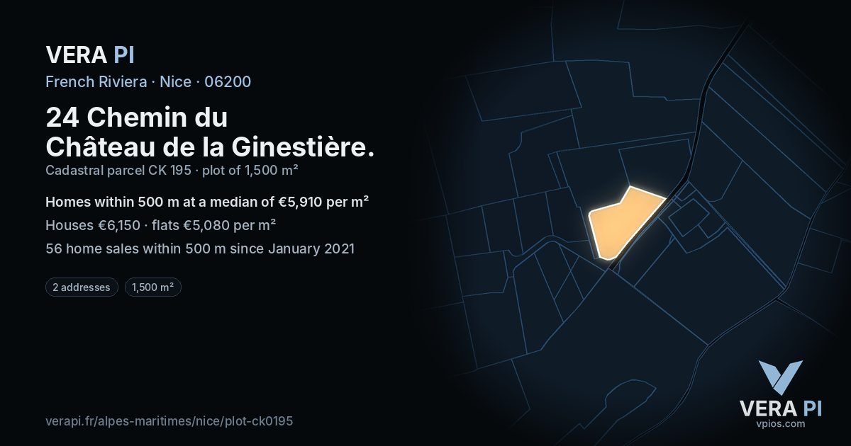 24 Chemin du Château de la Ginestière, Nice at night – the plot lit, the parcels around coloured by the prices near them
