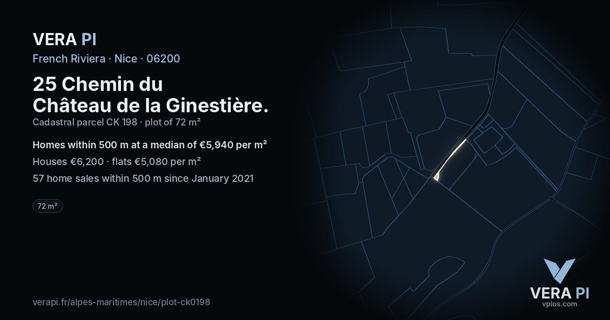 25 Chemin du Château de la Ginestière, Nice at night – the plot lit, the parcels around coloured by the prices near them