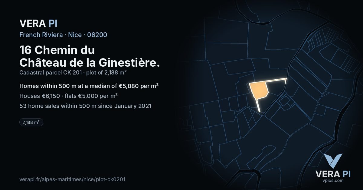 16 Chemin du Château de la Ginestière, Nice at night – the plot lit, the parcels around coloured by the prices near them