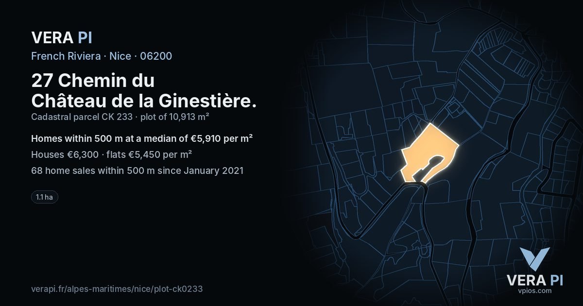 27 Chemin du Château de la Ginestière, Nice at night – the plot lit, the parcels around coloured by the prices near them
