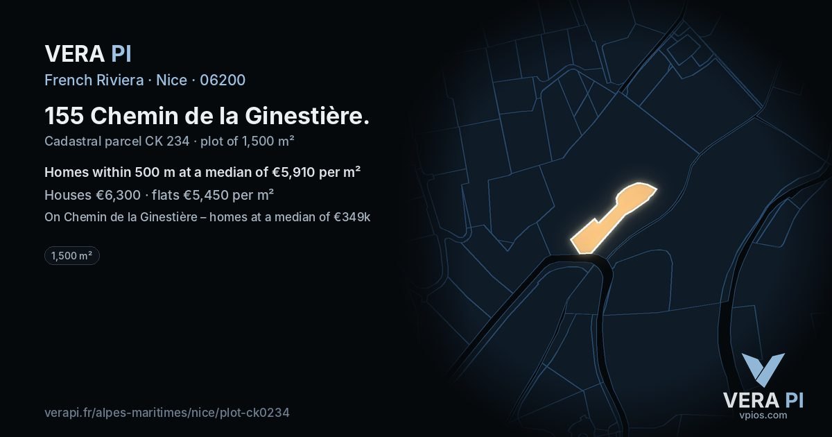 155 Chemin de la Ginestière, Nice at night – the plot lit, the parcels around coloured by the prices near them