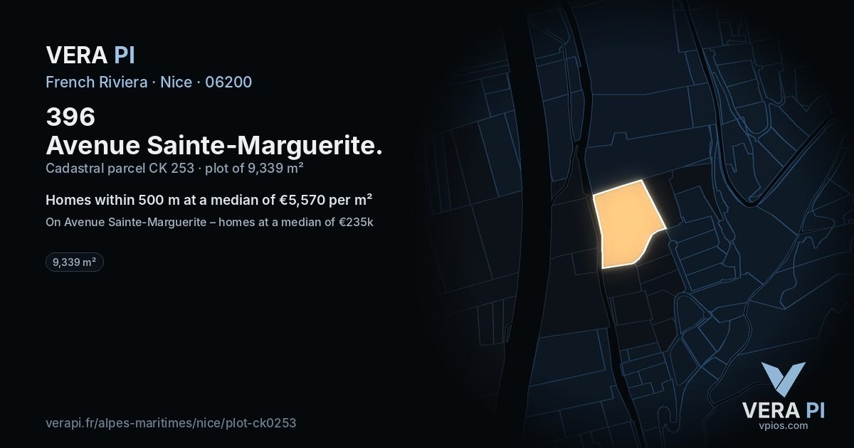 396 Avenue Sainte-Marguerite, Nice at night – the plot lit, the parcels around coloured by the prices near them