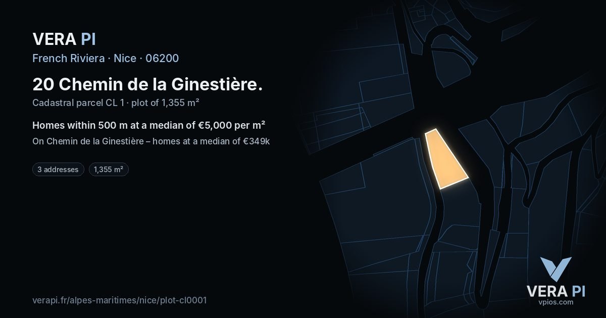 20 Chemin de la Ginestière, Nice at night – the plot lit, the parcels around coloured by the prices near them