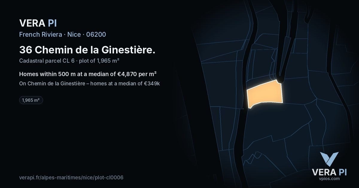36 Chemin de la Ginestière, Nice at night – the plot lit, the parcels around coloured by the prices near them