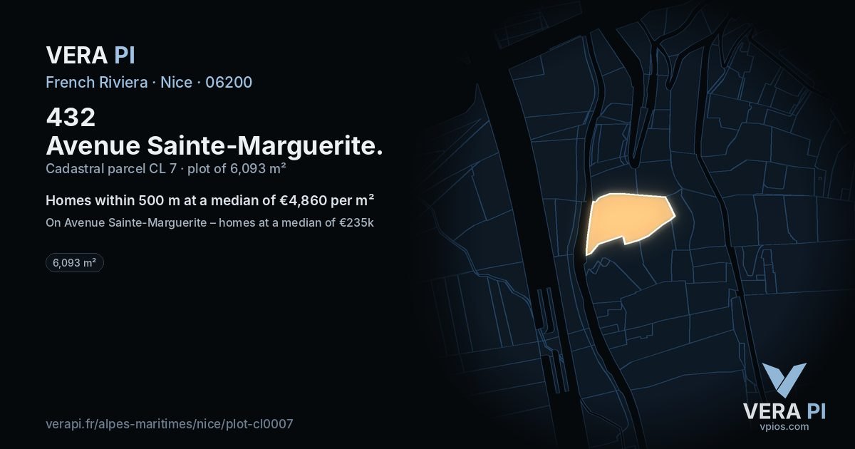 432 Avenue Sainte-Marguerite, Nice at night – the plot lit, the parcels around coloured by the prices near them
