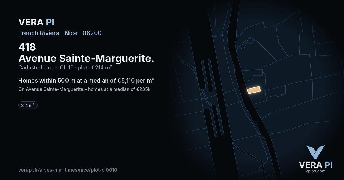 418 Avenue Sainte-Marguerite, Nice at night – the plot lit, the parcels around coloured by the prices near them