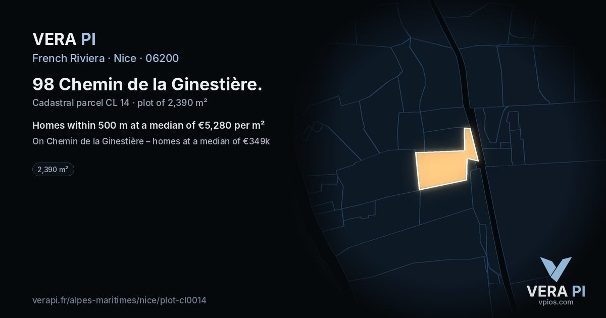 98 Chemin de la Ginestière, Nice at night – the plot lit, the parcels around coloured by the prices near them