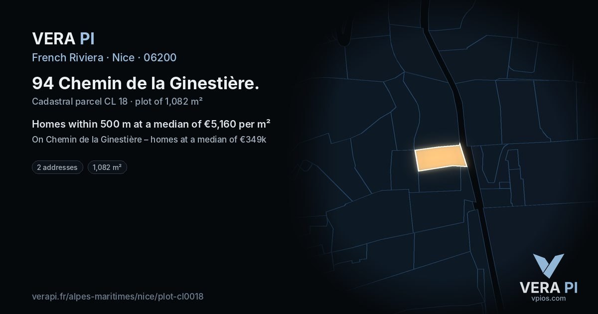 94 Chemin de la Ginestière, Nice at night – the plot lit, the parcels around coloured by the prices near them