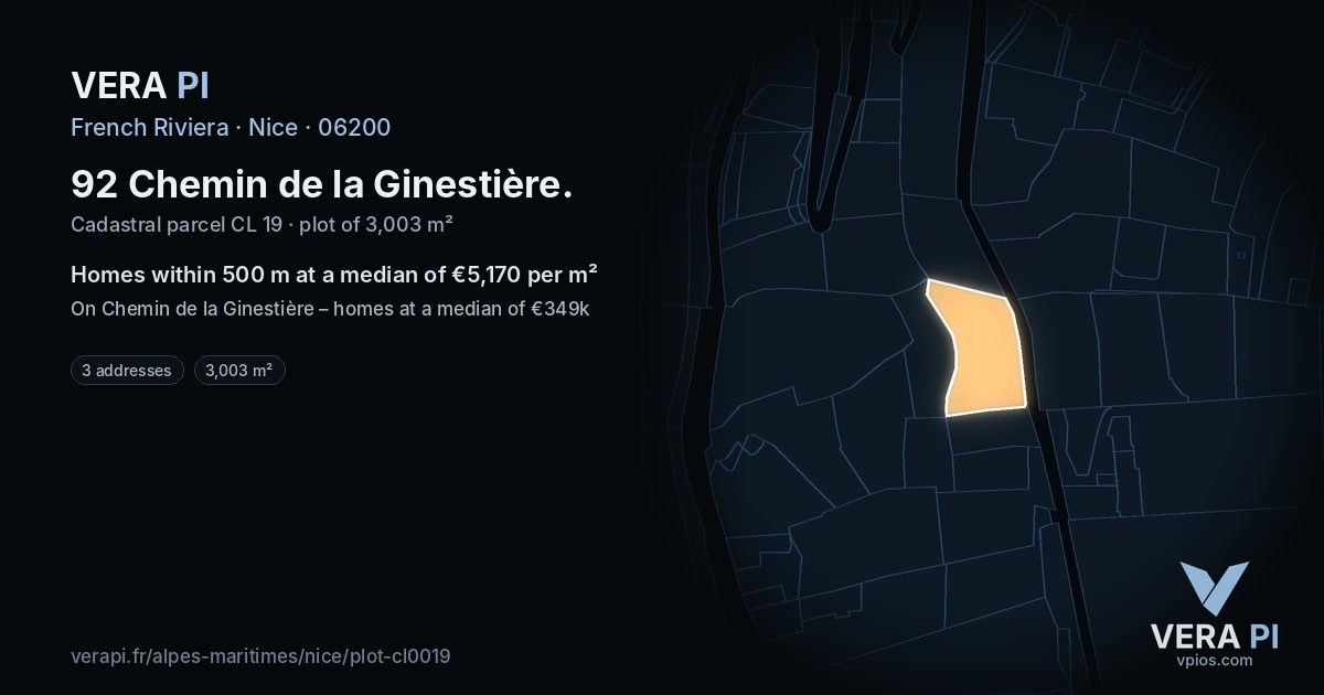 92 Chemin de la Ginestière, Nice at night – the plot lit, the parcels around coloured by the prices near them
