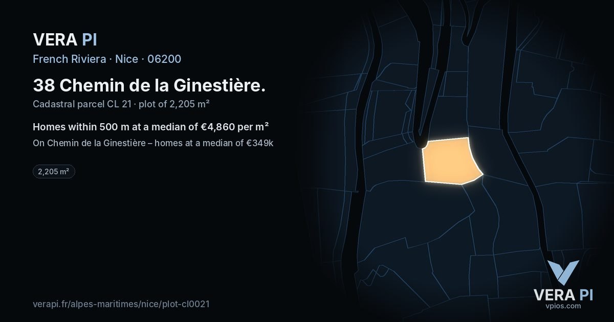38 Chemin de la Ginestière, Nice at night – the plot lit, the parcels around coloured by the prices near them