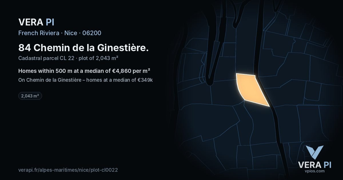 84 Chemin de la Ginestière, Nice at night – the plot lit, the parcels around coloured by the prices near them