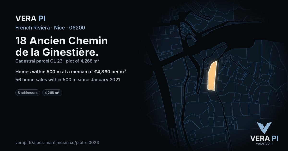 18 Ancien Chemin de la Ginestière, Nice at night – the plot lit, the parcels around coloured by the prices near them