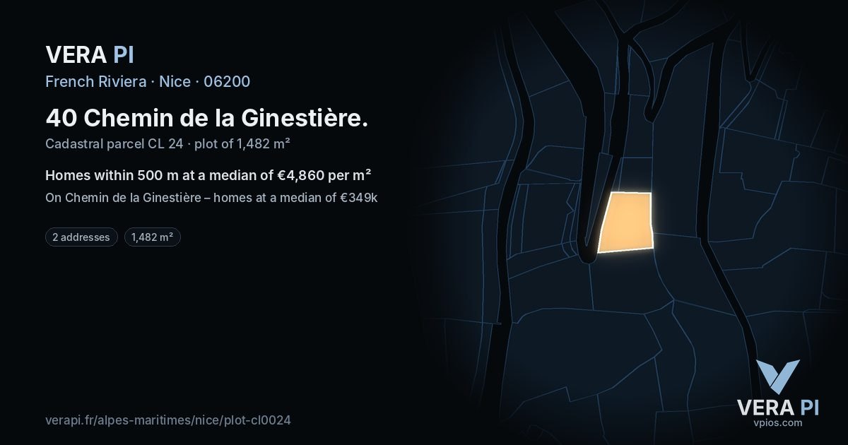 40 Chemin de la Ginestière, Nice at night – the plot lit, the parcels around coloured by the prices near them