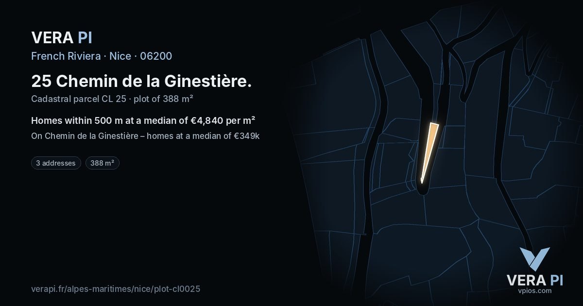 25 Chemin de la Ginestière, Nice at night – the plot lit, the parcels around coloured by the prices near them