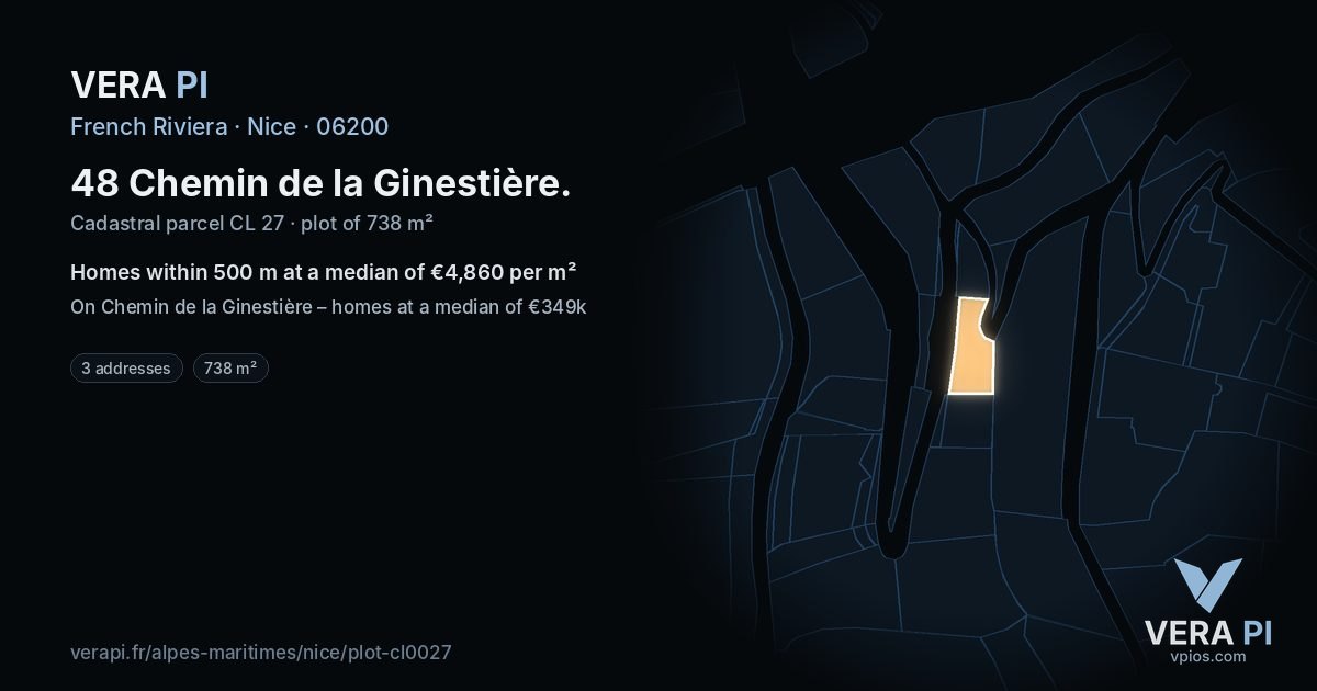 48 Chemin de la Ginestière, Nice at night – the plot lit, the parcels around coloured by the prices near them
