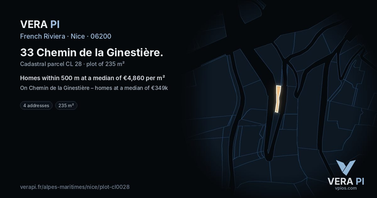 33 Chemin de la Ginestière, Nice at night – the plot lit, the parcels around coloured by the prices near them