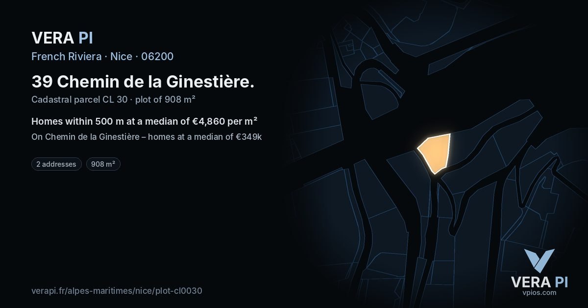 39 Chemin de la Ginestière, Nice at night – the plot lit, the parcels around coloured by the prices near them