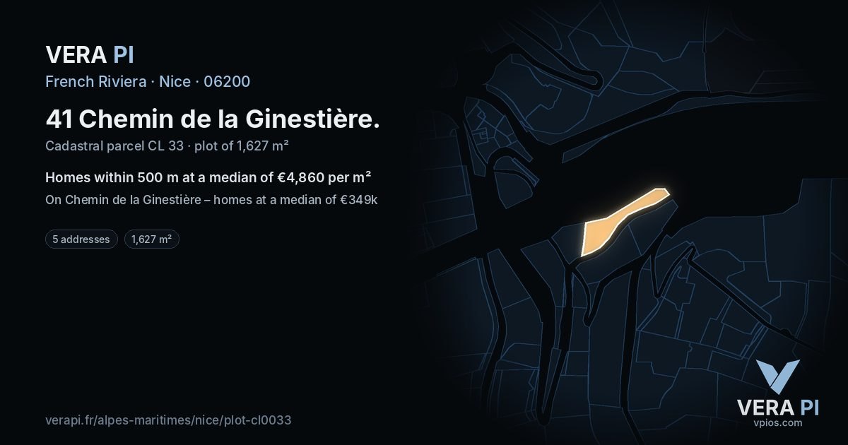 41 Chemin de la Ginestière, Nice at night – the plot lit, the parcels around coloured by the prices near them