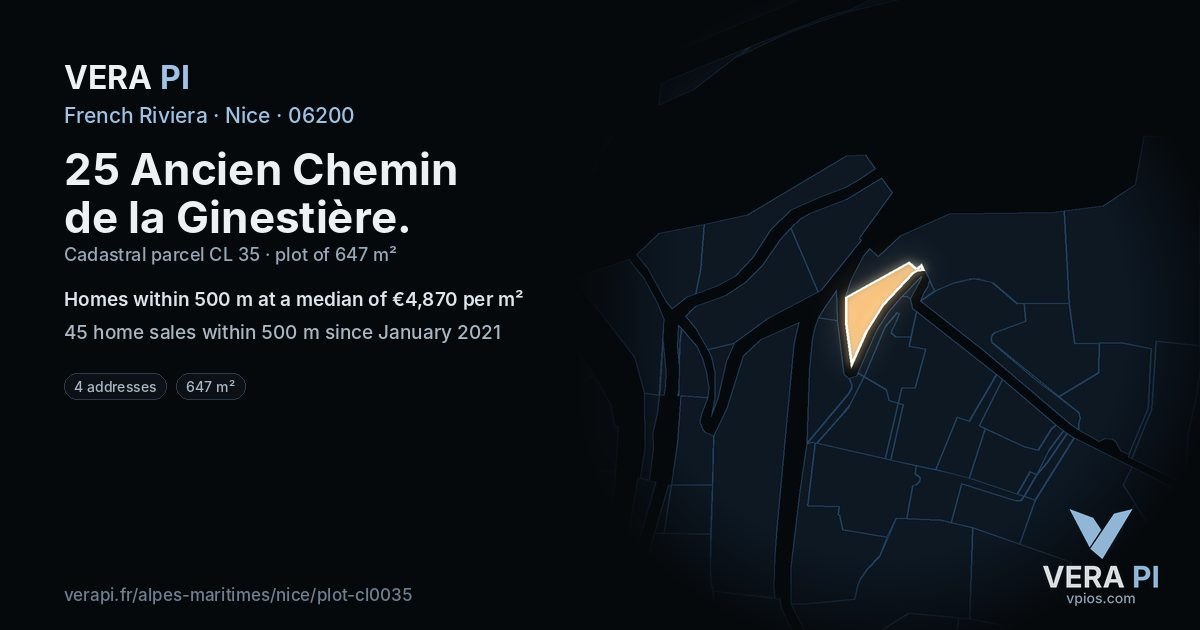 25 Ancien Chemin de la Ginestière, Nice at night – the plot lit, the parcels around coloured by the prices near them