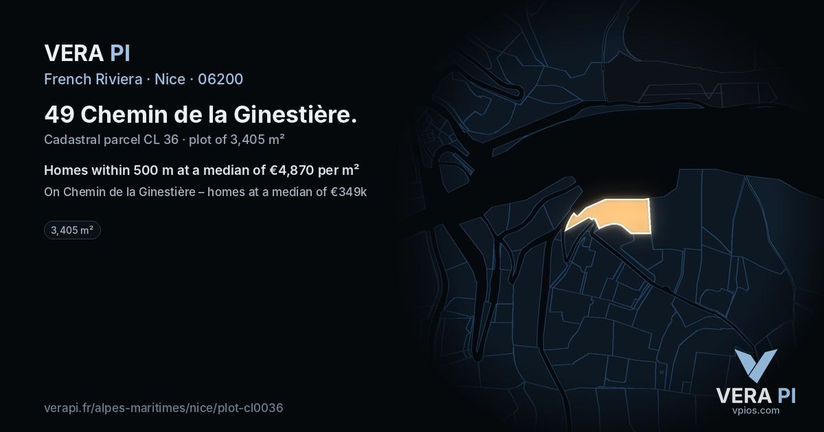 49 Chemin de la Ginestière, Nice at night – the plot lit, the parcels around coloured by the prices near them