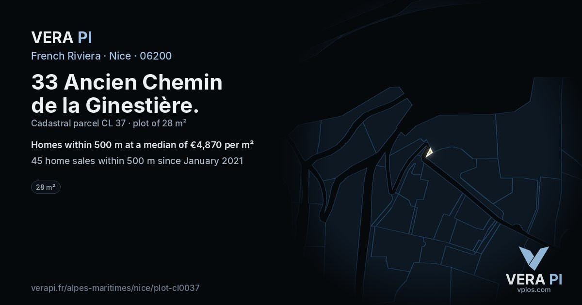 33 Ancien Chemin de la Ginestière, Nice at night – the plot lit, the parcels around coloured by the prices near them