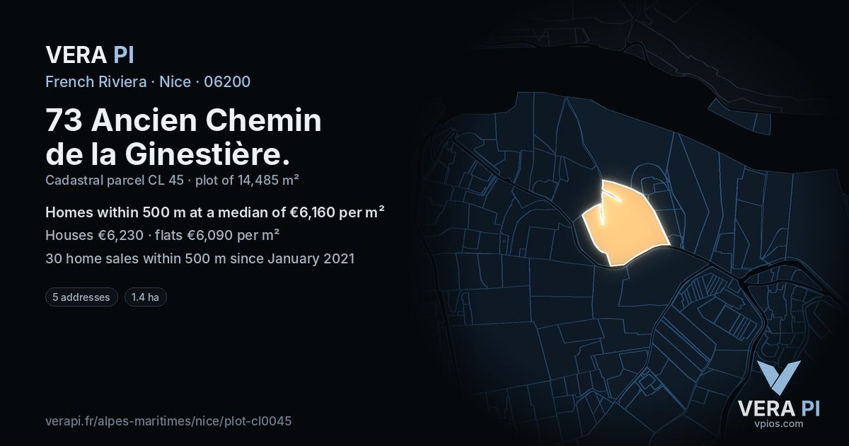 73 Ancien Chemin de la Ginestière, Nice at night – the plot lit, the parcels around coloured by the prices near them