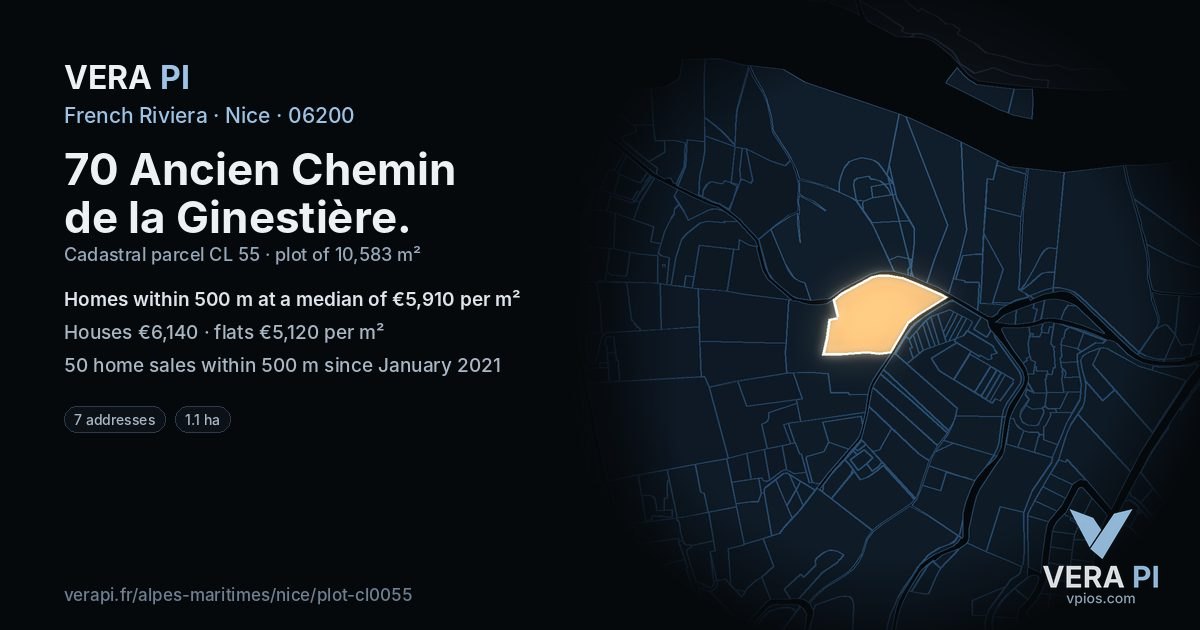 70 Ancien Chemin de la Ginestière, Nice at night – the plot lit, the parcels around coloured by the prices near them