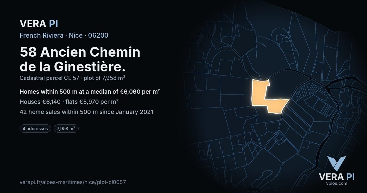 58 Ancien Chemin de la Ginestière, Nice at night – the plot lit, the parcels around coloured by the prices near them
