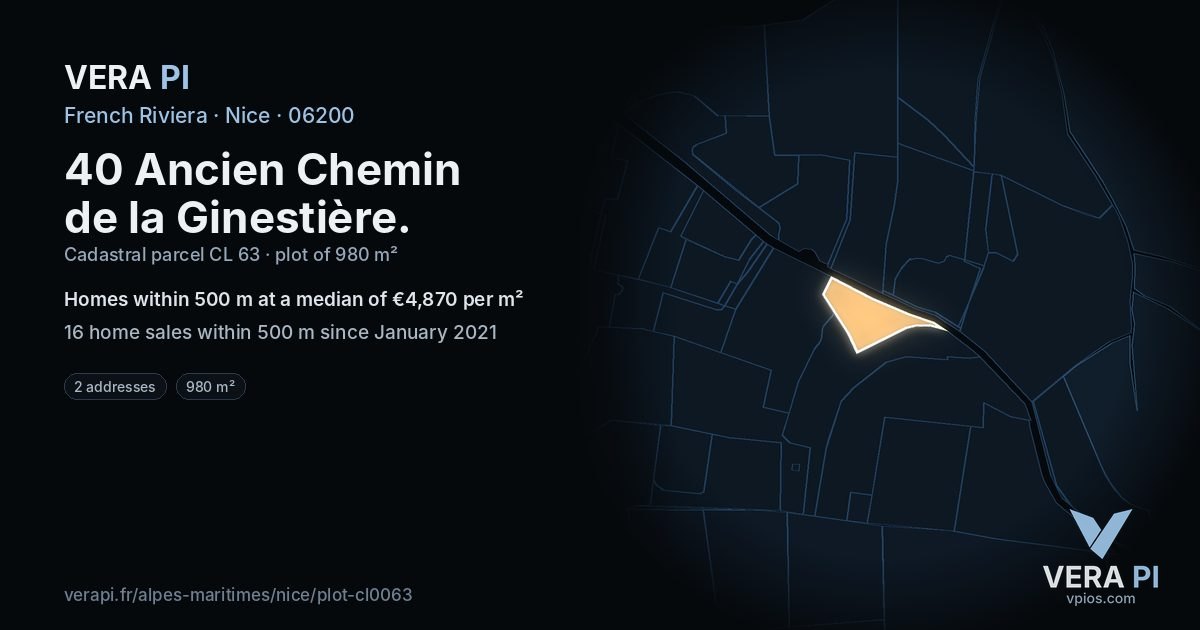 40 Ancien Chemin de la Ginestière, Nice at night – the plot lit, the parcels around coloured by the prices near them