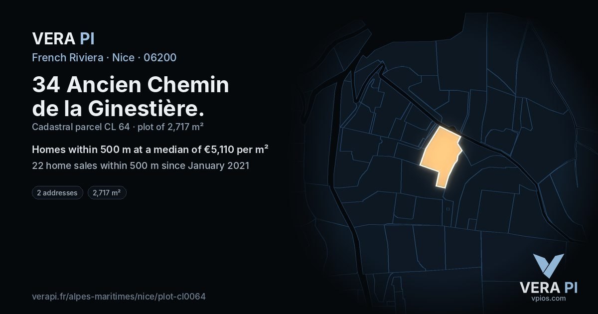 34 Ancien Chemin de la Ginestière, Nice at night – the plot lit, the parcels around coloured by the prices near them