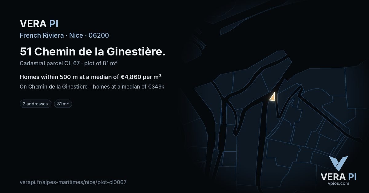 51 Chemin de la Ginestière, Nice at night – the plot lit, the parcels around coloured by the prices near them