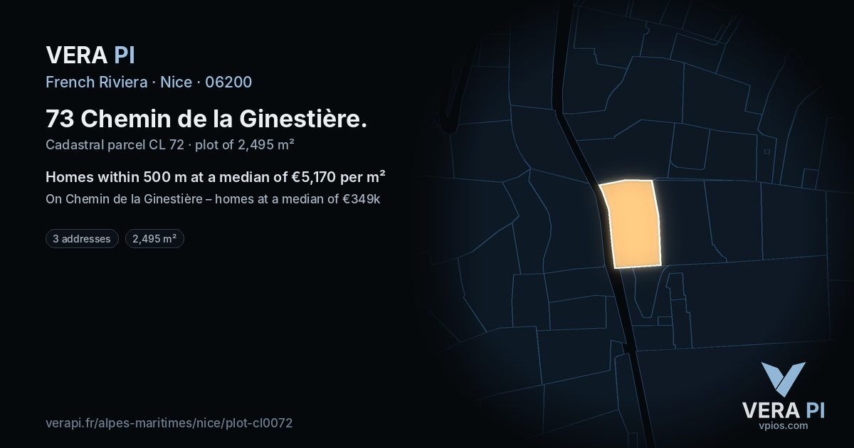 73 Chemin de la Ginestière, Nice at night – the plot lit, the parcels around coloured by the prices near them