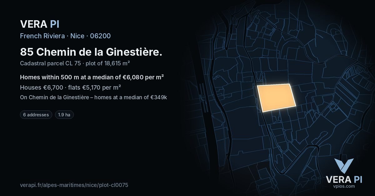 85 Chemin de la Ginestière, Nice at night – the plot lit, the parcels around coloured by the prices near them