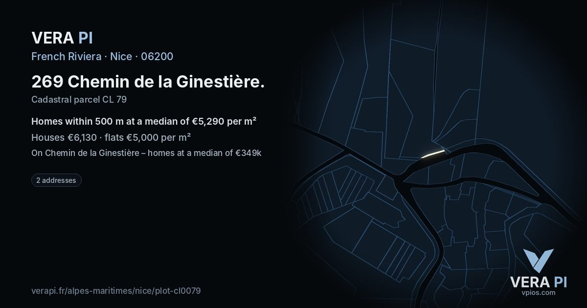 269 Chemin de la Ginestière, Nice at night – the plot lit, the parcels around coloured by the prices near them