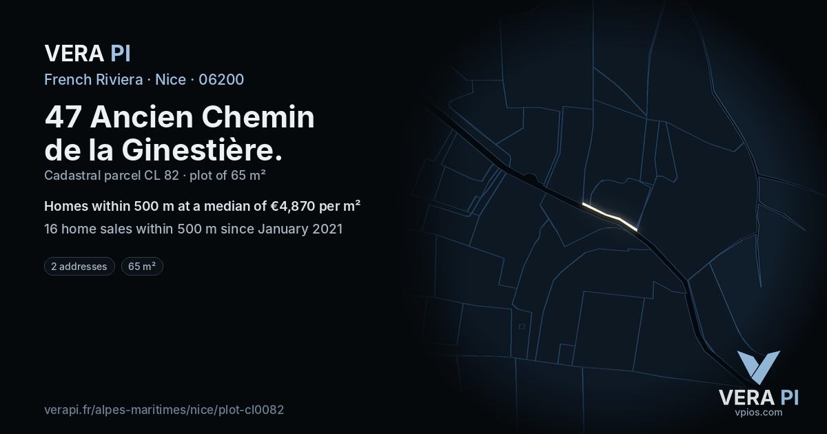 47 Ancien Chemin de la Ginestière, Nice at night – the plot lit, the parcels around coloured by the prices near them