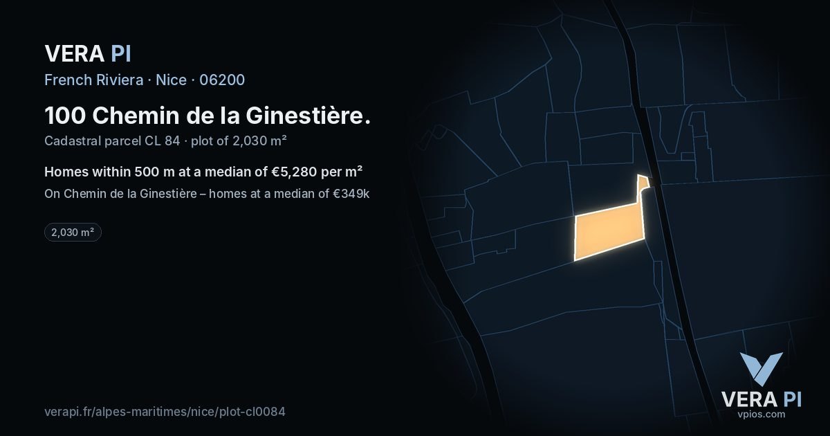 100 Chemin de la Ginestière, Nice at night – the plot lit, the parcels around coloured by the prices near them