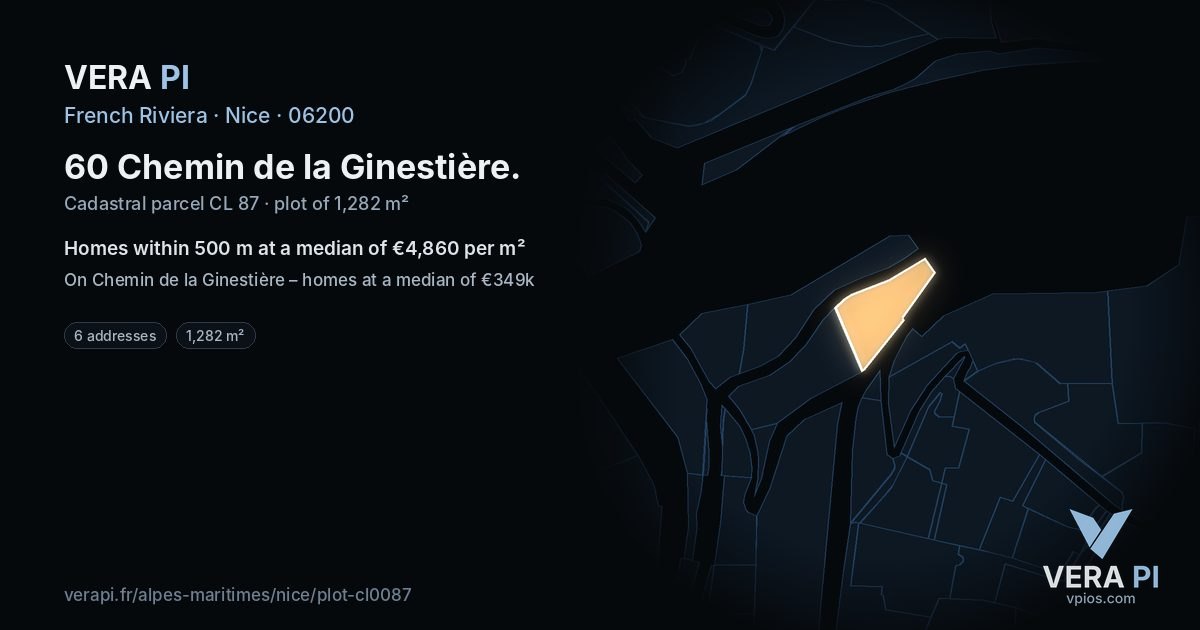60 Chemin de la Ginestière, Nice at night – the plot lit, the parcels around coloured by the prices near them