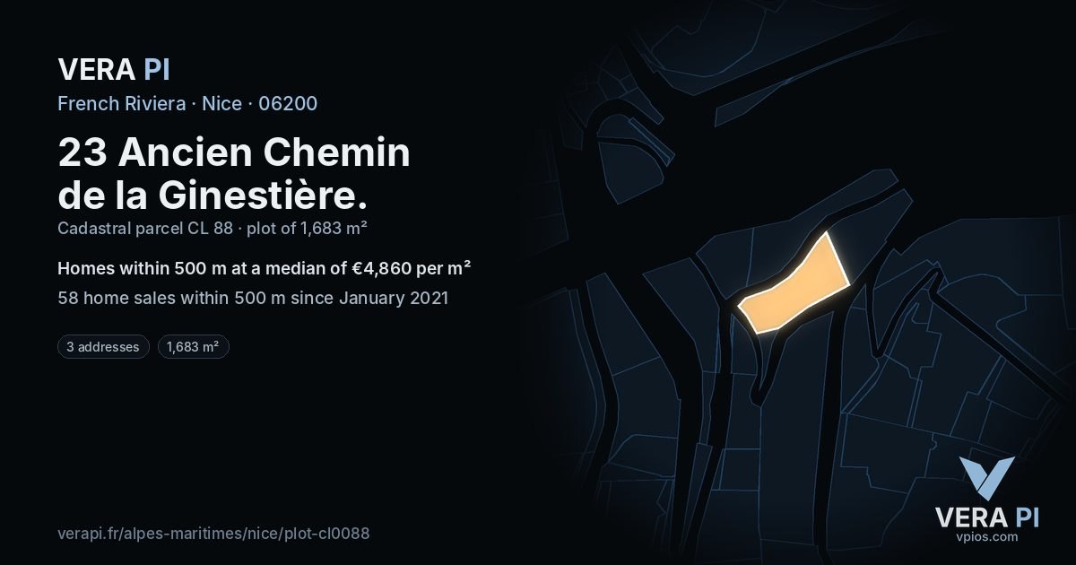 23 Ancien Chemin de la Ginestière, Nice at night – the plot lit, the parcels around coloured by the prices near them