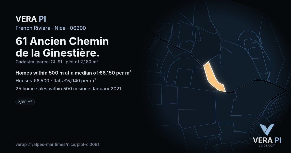 61 Ancien Chemin de la Ginestière, Nice at night – the plot lit, the parcels around coloured by the prices near them