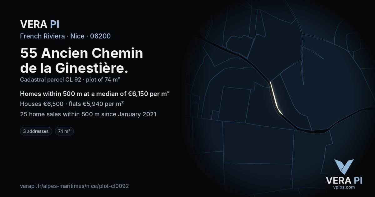 55 Ancien Chemin de la Ginestière, Nice at night – the plot lit, the parcels around coloured by the prices near them