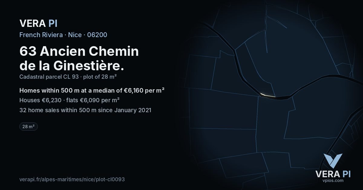 63 Ancien Chemin de la Ginestière, Nice at night – the plot lit, the parcels around coloured by the prices near them