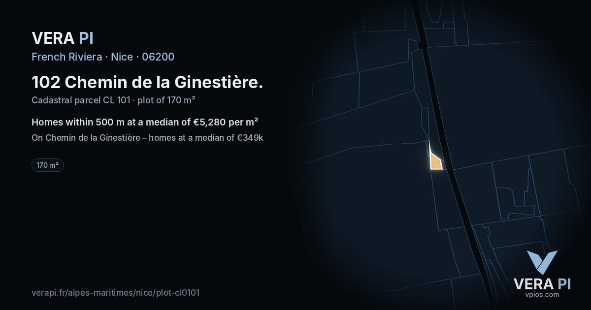 102 Chemin de la Ginestière, Nice at night – the plot lit, the parcels around coloured by the prices near them