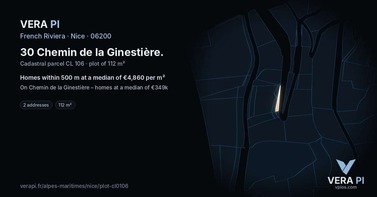 30 Chemin de la Ginestière, Nice at night – the plot lit, the parcels around coloured by the prices near them