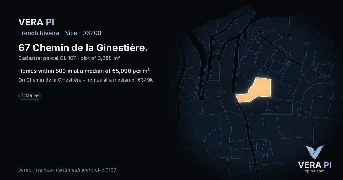 67 Chemin de la Ginestière, Nice at night – the plot lit, the parcels around coloured by the prices near them