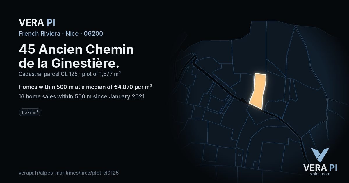 45 Ancien Chemin de la Ginestière, Nice at night – the plot lit, the parcels around coloured by the prices near them