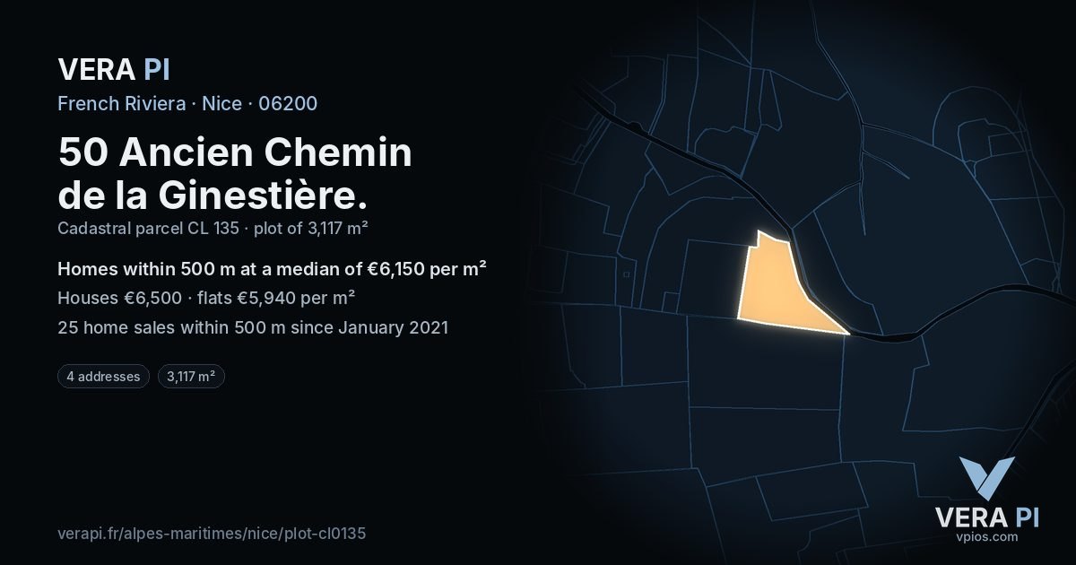 50 Ancien Chemin de la Ginestière, Nice at night – the plot lit, the parcels around coloured by the prices near them